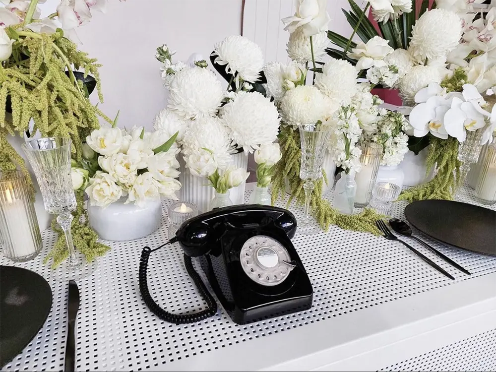 desk with black vintage phone